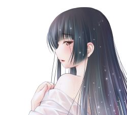 Rule 34 | 1girl, black hair, blush, embarrassed, enma ai, fingernails, from behind, highres, japanese clothes, jigoku shoujo, kimono, kozue akari, long hair, looking at viewer, looking back, parted lips, profile, red eyes, sideways glance, sideways mouth, simple background, solo, transparent background, undressing, upper body, wet, wet hair, white kimono