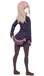 Rule 34 | 1girl, black jacket, black pantyhose, blazer, brown hair, clothes lift, from behind, full body, green eyes, gridman universe, highres, jacket, lifted by self, long hair, long sleeves, looking at viewer, looking back, minami yume, pantyhose, pleated skirt, school uniform, skirt, skirt lift, solo, ssss.dynazenon, standing, yoshida keiji