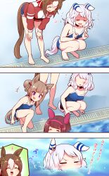 Rule 34 | +++, 4girls, :d, :o, = =, ^ ^, alternate costume, alternate hairstyle, animal ears, barefoot, bent over, blue one-piece swimsuit, blunt bangs, braid, braided hair rings, breasts, brown hair, chibi, clenched hands, closed eyes, clothing cutout, clover hair ornament, comic, commentary, competition school swimsuit, double bun, drain (object), ear covers, ear down, ears down, faceless, faceless female, feet, fine motion (umamusume), flat chest, flying sweatdrops, grey hair, hair bun, hair ornament, hair ribbon, hair rings, hair up, hairband, hands on own knees, hands up, happy, highres, hishi miracle (umamusume), horse ears, horse girl, horse tail, jacket, leaning forward, legs, long sleeves, looking at another, medium breasts, medium hair, multicolored hair, multiple girls, multiple views, nishino flower (umamusume), notice lines, o-ring, on one knee, one-piece swimsuit, open mouth, parted bangs, partially submerged, pink hairband, pool, poolside, purple eyes, red jacket, red ribbon, ribbon, scared, school swimsuit, sidelocks, smile, squatting, standing, streaked hair, striped ribbon, surprised, sweatdrop, sweep tosho (umamusume), swept bangs, swimsuit, swimsuit under clothes, tail, tail through clothes, tearing up, tears, toenails, toes, tracen swimsuit, tracen training uniform, track jacket, translated, twin braids, two-tone hair, umamusume, v-shaped eyebrows, water, wavy hair, wavy mouth, white hair, white ribbon, x hair ornament, yonedatomo mizu