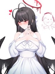 1girl absurdres antenna_hair bare_shoulders black_hair black_nails black_wings blood blood_halo blue_archive blush breasts choker cleavage closed_mouth commentary_request doodle_sensei_(blue_archive) dress halo highres jewelry kisa_(leg3043) large_breasts liquid_halo long_hair low_wings melting_halo nail_polish official_alternate_costume red_eyes red_halo ring sensei_(blue_archive) simple_background solo steepled_fingers sweatdrop tsurugi_(blue_archive) tsurugi_(dress)_(blue_archive) white_background white_choker white_dress wings