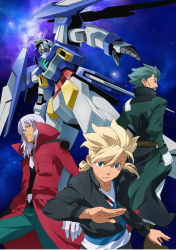 Rule 34 | 10s, 3boys, asem asuno, asemu asuno, blonde hair, blue eyes, coat, facial hair, father and son, flit asuno, green hair, gundam, gundam age, gundam age-2, gundam age 2, jacket, male focus, mecha, multiple boys, mustache, official art, old, aged up, overcoat, promotional art, robot, trench coat, white hair, yellow eyes, zeheart galette