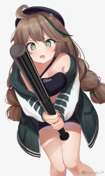 Rule 34 | 1girl, ahoge, arknights, artist name, ayaya (ayaya ri), bandeau, bare shoulders, baseball bat, black headwear, breasts, brown hair, commentary, cuora (arknights), fang, feet out of frame, green eyes, green hair, grey background, highres, holding, holding baseball bat, jacket, knees together feet apart, long hair, long sleeves, looking at viewer, multicolored hair, off shoulder, open clothes, open jacket, open mouth, simple background, skin fang, small breasts, solo, standing, streaked hair, thighs, twitter username, very long hair