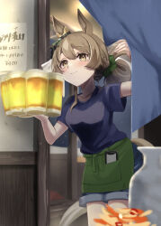 Rule 34 | 1girl, alcohol, alternate costume, alternate hairstyle, animal ears, apron, beer, beer mug, blue shirt, blush, brown hair, closed mouth, commentary request, cowboy shot, cup, curtains, denim, denim shorts, ear ornament, green apron, hair between eyes, highres, holding, holding cup, horse ears, horse girl, horse tail, mug, multicolored hair, partial commentary, satono diamond (umamusume), shirt, short sleeves, shorts, small-wso6-bell, smile, solo, streaked hair, tail, umamusume, waitress, white hair, yellow eyes