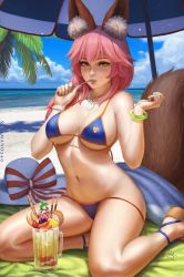 Rule 34 | 1girl, animal ear fluff, animal ears, artist name, bare shoulders, beach, bikini, blue bikini, blue sky, blush, bow, bracelet, breasts, cleavage, cloud, day, drinking straw, fate/extra, fate/grand order, fate (series), food, fox ears, fox girl, fox tail, fruit, glass, highres, jewelry, looking at viewer, navel, necklace, ocean, outdoors, palm tree, pink hair, sciamano240, short hair, sky, striped, striped bow, summer, swimsuit, tail, tamamo (fate), tamamo no mae (fate/extra), tamamo no mae (swimsuit lancer) (fate), tamamo no mae (swimsuit lancer) (third ascension) (fate), tree, untied bikini, yellow eyes