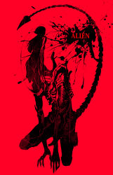 Rule 34 | alien, alien (1979), bad id, bad pixiv id, blood, blood splatter, carapace, claws, english text, iwamoto eiri, monochrome, monster, no humans, simple background, squatting, tail, xenomorph