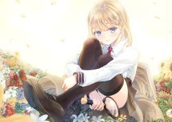 Rule 34 | 1girl, black thighhighs, blonde hair, blush, brown footwear, brown skirt, closed mouth, collared shirt, flower, hair between eyes, highres, holding, hololive, hololive english, hugging own legs, loafers, long hair, long sleeves, miniskirt, necktie, pleated skirt, purple flower, red flower, red necktie, shirt, shoes, sitting, skirt, smile, solo, thighhighs, virtual youtuber, watson amelia, white flower, white shirt, windfeathers, wing collar, yellow flower, zettai ryouiki