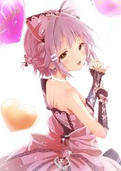 Rule 34 | 1girl, absurdres, balloon, blush, bow hairband, braid, breasts, cross-laced clothes, dress, french braid, hair intakes, hairband, heart balloon, highres, idolmaster, idolmaster cinderella girls, jewelry, koshimizu sachiko, looking at viewer, looking back, necklace, numahito, pearl necklace, purple dress, purple hair, simple background, small breasts, solo, strapless, strapless dress, white background