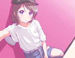 Rule 34 | 1girl, bad id, bad pixiv id, belt, black hat, blue eyes, denim, gamjolno, grey hair, hat, highres, jeans, looking at viewer, love live!, love live! sunshine!!, pants, parted lips, pink background, reaching, reaching towards viewer, selfie, shirt, short hair, short sleeves, solo, torn clothes, torn jeans, torn pants, watanabe you, white shirt