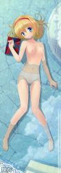 Rule 34 | 1girl, absurdres, alice margatroid, barefoot, blonde hair, blue eyes, book, breasts, dakimakura (medium), feet, female focus, flat chest, full body, hairband, highres, himawari (sunlight yellow), huge filesize, long image, lying, navel, nipples, on back, panties, short hair, small breasts, smile, solo, stairs, tall image, toes, touhou, translation request, underwear, water, wet, wet clothes