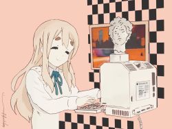 Rule 34 | ^ ^, absurdres, apple inc., blonde hair, blue ribbon, bust (sculpture), closed eyes, closed mouth, computer, drawing (object), framed image, helios, highres, k-on!, keyboard (computer), kotobuki tsumugi, long hair, long sleeves, macintosh, macintosh plus (band), majorpentatonix, md5 mismatch, name connection, ocean, pastel colors, photo (object), photoshop (medium), picture frame, resolution mismatch, ribbon, school uniform, sculpture, signature, skyline, solo, source smaller, sunset, typing, vaporwave, yacht