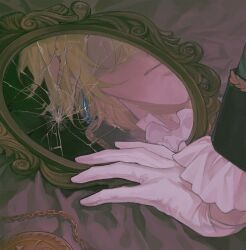 Rule 34 | 1boy, ascot, bed sheet, blonde hair, broken mirror, chain, crack, cracked glass, earrings, frilled sleeves, frills, frown, gloves, hand mirror, highres, jack vessalius, jewelry, konekoy, long sleeves, male focus, mirror, out of frame, pandora hearts, pocket watch, reflection, solo, watch, white ascot, white gloves