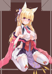 Rule 34 | 1girl, absurdres, animal ear fluff, animal ears, antenna hair, bare shoulders, bell, black choker, blonde hair, blouse, breast hold, breasts, butterfly hair ornament, cat ears, cat girl, chinese commentary, choker, cleavage, cleavage cutout, closed mouth, clothing cutout, floral print, full body, hair ornament, hand on own chest, highres, japanese clothes, jingle bell, kimono, lace-trimmed collar, lace trim, large breasts, long hair, looking at viewer, mikawa sansen, mole, mole on breast, mole under eye, necktie, off shoulder, original, purple eyes, seiza, shirt, signature, sitting, sleeveless, sleeveless shirt, smile, solo, sprout on head, strapless, strapless shirt, tassel, thighhighs, white thighhighs
