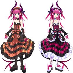 Rule 34 | 10s, 1girl, absurdres, alternate color, bow, choker, claws, cosplay, cross-laced footwear, date a live, deathcrow, detached sleeves, dress, elizabeth bathory (fate), elizabeth bathory (fate/extra ccc), fate/extra, fate/extra ccc, fate (series), flat chest, frills, full body, green eyes, hair ribbon, halloween costume, highres, horns, lolita fashion, looking at viewer, multicolored clothes, multicolored dress, neck garter, ribbon, sidelocks, simple background, single horn, smile, spikes, standing, symmetry, tokisaki kurumi, tokisaki kurumi (cosplay), vector trace, white background