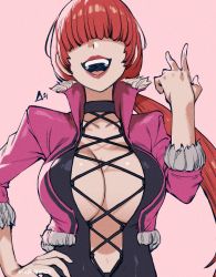 Rule 34 | aurahack, black choker, black dress, breasts, choker, cleavage, covered eyes, cropped jacket, dress, hair over eyes, hand on own hip, hidden eyes, highres, jacket, lace-up top, large breasts, laughing, lipstick, long hair, makeup, no bra, open mouth, pink background, pink jacket, popped collar, red hair, red lips, shermie (kof), split ponytail, stuffed toy, teeth, the king of fighters, the king of fighters xv, twitter username, upper teeth only