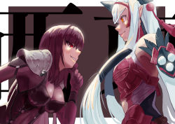 Rule 34 | 2girls, absurdres, armor, armored dress, bodysuit, breasts, clothing cutout, covered collarbone, detached sleeves, fate/grand order, fate/stay night, fate (series), grin, highres, horns, kiichi hougen (fate), large breasts, long hair, multiple girls, onefect, pauldrons, pointy ears, purple hair, red armor, red eyes, scathach (fate), scathach (fate), shoulder armor, single detached sleeve, smile, very long hair, white hair, yellow eyes