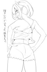 Rule 34 | 1girl, arms behind head, ass, breasts, character request, hands on own hips, hirowa nagi, japanese text, looking at viewer, looking back, midriff, monochrome, open mouth, panties, pantylines, see-through, sideboob, skirt, sleeveless, small breasts, smile, solo, translation request, twintails, underwear