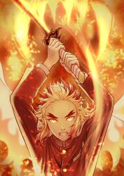 Rule 34 | 1boy, arms up, blonde hair, fire, forked eyebrows, grin, highres, holding, holding sword, holding weapon, jacket, katana, kimetsu no yaiba, long sleeves, looking at viewer, male focus, mikaeri, multicolored hair, red hair, rengoku kyoujurou, smile, solo, sword, two-tone hair, upper body, weapon, yellow eyes