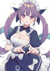 Rule 34 | 1girl, ahoge, blush, bow, breasts, cleavage, colored inner hair, cuff links, drill hair, facing viewer, heart, highres, hololive, large breasts, long hair, looking at viewer, maid, maid headdress, minato aqua, minato aqua (1st costume), multicolored hair, purple eyes, purple hair, ribbon, simple background, solo, standing, sweat, syhan, twintails, virtual youtuber, white background