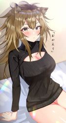 Rule 34 | 1girl, alternate costume, animal ear fluff, animal ears, antenna hair, arknights, arm support, bed, beige background, black sweater, blush, breasts, brown eyes, brown hair, check commentary, cleavage, cleavage cutout, clothing cutout, commentary request, cowboy shot, hair between eyes, highres, large breasts, lion ears, long hair, long sleeves, looking at viewer, meme attire, minatoasu, naked sweater, no pants, partial commentary, ribbed sweater, sidelocks, siege (arknights), sitting, solo, sweater, thighs, transparent background, turtleneck, turtleneck sweater