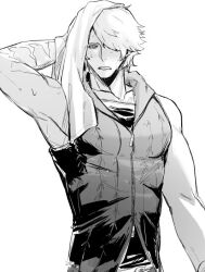 1boy devil_may_cry devil_may_cry_(series) devil_may_cry_4 hair_over_one_eye hood hoodie minoxis monochrome muscular muscular_male nero_(devil_may_cry) sketch sleeveless sleeveless_hoodie solo toned