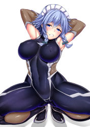 Rule 34 | 1girl, alternate costume, armpits, arms behind head, arms up, blue eyes, blue hair, bodysuit, bow, braid, breasts, cameltoe, clenched teeth, covered navel, ebi 193, covered erect nipples, gluteal fold, green bow, hair bow, highres, izayoi sakuya, large breasts, maid headdress, matching hair/eyes, simple background, solo, squatting, taimanin (series), taimanin suit, teeth, touhou, twin braids, white background