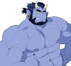 Rule 34 | 1boy, abs, bara, beard, black hair, blue oni (saltypoundcake), blue skin, chest hair, colored skin, completely nude, facial hair, fang, hairy, hands on own hips, horns, large pectorals, looking at viewer, male focus, monster boy, muscular, navel, navel hair, nipples, nude, oni, oni horns, original, pectorals, pointy ears, raised eyebrow, saltypoundcake, short hair, solo, thick eyebrows, upper body