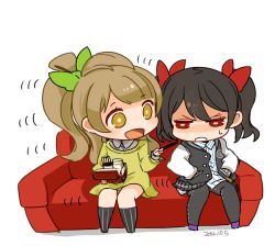 Rule 34 | 10s, 2014, 2girls, black hair, blush, bow, bright pupils, brown hair, chibi, couch, dated, food, hair bow, hands in pockets, jacket, letterman jacket, long hair, long sleeves, love live!, love live! school idol project, minami kotori, mota, multiple girls, open mouth, pantyhose, pinstripe pattern, pocky, red eyes, short hair, simple background, sitting, striped, white background, yazawa nico, yellow eyes