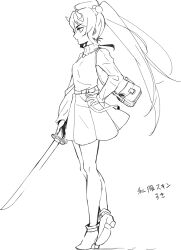 Rule 34 | 1girl, ahoge, bag, boots, commentary request, crossed legs, from side, full body, greyscale, hand on own hip, high ponytail, highres, holding, holding sword, holding weapon, horns, jewelry, katana, long hair, long sleeves, monochrome, necklace, nizitaro, official alternate costume, oni horns, ponytail, profile, shoulder bag, sidelocks, skirt, solo, suzuka (housamo), sweater, sword, tokyo houkago summoners, translation request, turtleneck, turtleneck sweater, weapon, white background