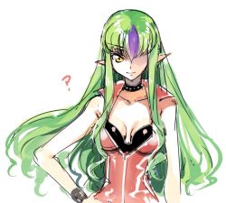 Rule 34 | 1girl, ?, breasts, c.c., cleavage, code geass, collar, collarbone, cosplay, creayus, green hair, hair over one eye, hand on own hip, long hair, looking at viewer, medium breasts, misery (outer zone), misery (outer zone) (cosplay), multicolored hair, outer zone, pointy ears, purple hair, simple background, sleeveless, smile, solo, the outer zone, two-tone hair, white background, yellow eyes