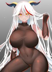 Rule 34 | 1girl, absurdres, aegir (azur lane), azur lane, bare shoulders, black horns, bodystocking, bodysuit, breasts, curvy, highres, horns, huge breasts, long hair, looking at viewer, navel, parted lips, playing with own hair, shiki (psychedelic g2), smile, solo, thick thighs, thighs, very long hair, white hair, yellow eyes