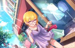Rule 34 | 10s, 1girl, ^ ^, artist request, bag, blonde hair, blush, bracelet, closed eyes, collarbone, day, glasses, idolmaster, idolmaster cinderella girls, idolmaster cinderella girls starlight stage, jewelry, miyamoto frederica, necklace, official art, open mouth, shopping, shopping bag, short hair, shorts, sky, smile, solo, sparkle
