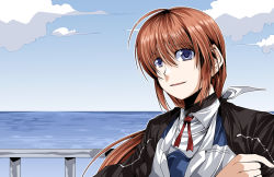 Rule 34 | 00s, 1girl, alternate hairstyle, blue eyes, blue sky, blush, brown hair, clipe, cloud, day, looking at viewer, lyrical nanoha, mahou shoujo lyrical nanoha, mahou shoujo lyrical nanoha strikers, md5 mismatch, military, military uniform, ocean, outdoors, ponytail, purple eyes, red hair, sky, solo, takamachi nanoha, uniform, upper body, water