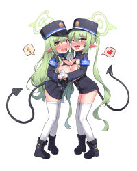 Rule 34 | !, 2girls, :d, absurdres, ankle boots, armband, bikini, bikini top only, black bikini, black footwear, black hat, black tail, blue archive, blue armband, blush, boots, clothes pull, demon tail, from side, full body, gloves, green hair, green halo, halo, hat, heart, highres, hikari (blue archive), holding hands, interlocked fingers, isinose (ilxodidli), long hair, long sleeves, looking at viewer, micro bikini, multiple girls, nozomi (blue archive), open mouth, pantyhose, pantyhose pull, peaked cap, pointy ears, siblings, simple background, sisters, smile, spoken exclamation mark, spoken heart, swimsuit, tail, tongue, tongue out, twins, twintails, white background, white gloves, white pantyhose, yellow eyes