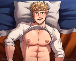 Rule 34 | 1boy, abs, bara, bare pectorals, bed, blonde hair, clothes lift, granblue fantasy, highres, large pectorals, lying, male focus, muscular, muscular male, navel, nipples, on back, on bed, pectorals, pillow, shirt, shirt lift, short hair, smile, solo, soupyeel, twitter username, vane (granblue fantasy), white shirt