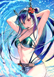 Rule 34 | 1girl, arknights, armpits, arms up, bikini, black bikini, blue hair, breasts, ch&#039;en (arknights), ch&#039;en the holungday (arknights), ch&#039;en the holungday (elite ii) (arknights), commentary request, cowboy shot, dragon horns, flower, grey shorts, hair flower, hair ornament, hair tie in mouth, hands in hair, highres, horns, medium breasts, micro shorts, mouth hold, navel, outdoors, partial commentary, red eyes, red flower, shorts, solo, standing, stomach, swimsuit, wanko (realsight), water, water drop