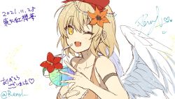 Rule 34 | 1girl, alternate costume, angel wings, arm garter, bikini, blonde hair, bow, breasts, cleavage, collarbone, commentary request, cup, dated, drink, fang, feathered wings, flower, frilled bikini, frills, gengetsu (touhou), hair bow, hair flower, hair ornament, happy, highres, holding, holding cup, jewelry, medium breasts, one eye closed, open mouth, orange bikini, orange flower, red flower, ring, sea scorpion (umisasori), short hair, signature, simple background, skin fang, swimsuit, touhou, touhou (pc-98), unfinished, upper body, white background, white wings, wings, yellow eyes