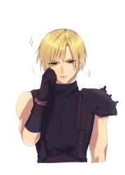 Rule 34 | 1boy, adjusting hair, ah yoshimizu, alternate hairstyle, armor, belt, black gloves, blonde hair, blue eyes, cloud strife, commentary request, cropped torso, earrings, final fantasy, final fantasy vii, gloves, hand on own face, hand up, highres, jewelry, light frown, male focus, pauldrons, short hair, shoulder armor, simple background, single pauldron, sleeveless, sleeveless turtleneck, solo, sparkle, stud earrings, suspenders, sweatdrop, turtleneck, upper body, white background