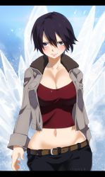 Rule 34 | 1girl, artist name, belt, black hair, blush, breasts, cleavage, collarbone, fairy tail, gaston18, highres, ice, jacket, large breasts, lips, long sleeves, looking at viewer, midriff, mature female, navel, pants, purple eyes, red shirt, shirt, short hair, smile, solo, ur (fairy tail)