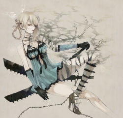 Rule 34 | 1girl, arm warmers, bandaged arm, bandaged leg, bandages, black gloves, blonde hair, bow, breasts, chain, clona, commentary request, crossed legs, disembodied hand, dress, expressionless, flower, frilled dress, frills, ghost, gloves, grey background, hair flower, hair ornament, high heels, jitome, kaine (nier), leg belt, looking to the side, monochrome, muted color, nier, nier (series), pale skin, parted lips, shoes, sitting, solo, spikes, sword, torn clothes, weapon
