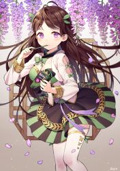 Rule 34 | 1girl, artist name, azit (down), bow, breasts, brown hair, cleavage, eating, floating hair, flower, food, green bow, hanbok, highres, holding, holding food, korean clothes, layered skirt, long hair, medium breasts, miniskirt, original, petals, purple eyes, purple flower, purple ribbon, ribbon, skirt, solo, standing, striped, thighhighs, vertical stripes, very long hair, white thighhighs, wisteria