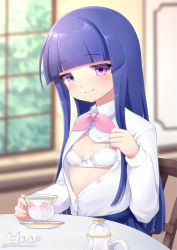 Rule 34 | 1girl, blue hair, blurry, blurry background, blush, bow, bow bra, bra, breasts, chair, closed mouth, collared shirt, commentary request, cup, depth of field, dress shirt, furude rika, higurashi no naku koro ni, holding, holding cup, indoors, long hair, looking at viewer, nanopai kakumeikokonoyu, open clothes, open shirt, pink eyes, pink neckwear, saucer, shirt, signature, small breasts, smile, solo, table, teapot, twitter username, underwear, very long hair, white bra, white shirt, window