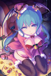 Rule 34 | 1girl, aqua hair, belt, between legs, bikini, black thighhighs, blue eyes, boots, bow, bowtie, breasts, capelet, christmas, cleavage, couch, demon tail, fishnet thighhighs, fishnets, from above, fur trim, gift, hair ribbon, hand between legs, hat, head wings, high heel boots, high heels, large breasts, long hair, looking at viewer, loup, merry christmas, mini hat, original, red bikini, red bow, red bowtie, ribbon, sack, santa costume, santa hat, sitting, solo, swimsuit, tail, thighhighs, thighs, v arms, wariza, wings, yellow ribbon