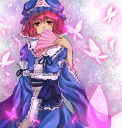 Rule 34 | 1girl, blush, bow, bug, butterfly, dress, female focus, floral background, flower, ghost, gradient background, hand fan, hat, insect, japanese clothes, li luo, pink eyes, pink hair, ribbon, saigyouji yuyuko, short hair, solo, touhou, triangular headpiece, wide sleeves