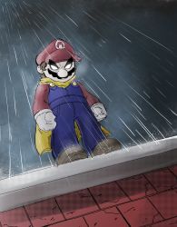 Rule 34 | 1boy, absurdres, angry, brown hair, building, cape, cape mario, facial hair, frown, full body, gloves, hat, highres, looking down, mario, mario (series), mustache, night, night sky, nintendo, overalls, rain, rooftop, sky, super mario world, white eyes, yellow cape