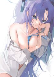 Rule 34 | 1girl, absurdres, blue archive, blue eyes, breasts, dorontabi, highres, looking at viewer, lying, medium breasts, naked shirt, open clothes, open shirt, purple hair, shirt, solo, sweat, white shirt, yuuka (blue archive)