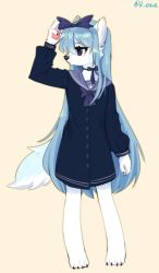 Rule 34 | 1girl, animal ears, animal nose, blue bow, blue eyes, blue fur, blue hair, body fur, bow, claws, closed mouth, commentary, facing viewer, full body, furry, furry female, hair between eyes, highres, long hair, long sleeves, original, pawpads, ressue (gomgom), simple background, snout, solo, standing, tail, twitter username, two-tone fur, white fur, wolf, wolf ears, wolf girl, wolf tail, yellow background