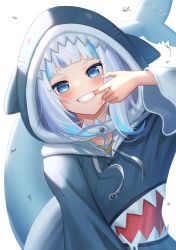 Rule 34 | 1girl, :d, animal hood, arm up, black hoodie, blue eyes, blue hair, blunt bangs, blush, commentary, drawstring, finger in own mouth, fins, fish tail, gawr gura, gawr gura (1st costume), grin, highres, hololive, hololive english, hood, hoodie, long sleeves, looking at viewer, multicolored hair, open mouth, shark girl, shark hood, shark tail, sharp teeth, short hair, silver hair, simple background, smile, solo, suraimu (suraimuraimu), symbol-only commentary, tail, teeth, two-tone hair, upper body, virtual youtuber, water drop, white background