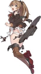Rule 34 | 10s, 1girl, ass, blue eyes, brown hair, full body, kantai collection, konishi (koconatu), kumano (kancolle), kumano kai ni (kancolle), long hair, official art, pleated skirt, ponytail, school uniform, skirt, solo, striped clothes, striped thighhighs, sweater, thighhighs, torn clothes, transparent background, turret