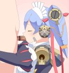 Rule 34 | 10s, 1boy, 1girl, android, animated, bar censor, blue hair, blush, breasts, censored, closed eyes, clothed female nude male, erection, fellatio, from side, hair ribbon, headdress, hetero, joints, kneeling, looping animation, lowres, maid, monolith soft, nintendo, nude, oral, penis, pink background, pointless censoring, poppi (xenoblade), poppi qt (xenoblade), purple hair, red ribbon, ribbon, robot joints, short hair, simple background, solo focus, standing, twintails, video, voronez ebihara, white background, xenoblade chronicles (series), xenoblade chronicles 2