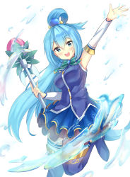 Rule 34 | 10s, 1girl, absurdres, aqua (konosuba), arm up, blue dress, blue eyes, blue footwear, blue gemstone, blue hair, blue thighhighs, blush, boots, breasts, brooch, buttons, detached sleeves, dress, frilled dress, frills, gem, green ribbon, hair between eyes, hair bobbles, hair ornament, hair rings, highres, holding, holding staff, holmemee, hydrokinesis, jewelry, kono subarashii sekai ni shukufuku wo!, layered dress, leg up, long hair, looking at viewer, magic, medium breasts, neck ribbon, open mouth, outstretched arm, ribbon, round teeth, see-through, simple background, sleeveless, sleeveless dress, smile, solo, staff, standing, standing on one leg, teeth, thigh boots, thighhighs, very long hair, water, water drop, white background, white thighhighs